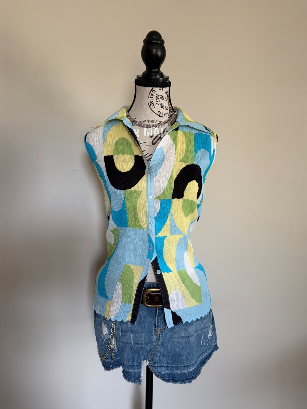 Y2K Abstract Print Pleated Blouse | Artsy Eclectic Indie Eclectic Retro Top